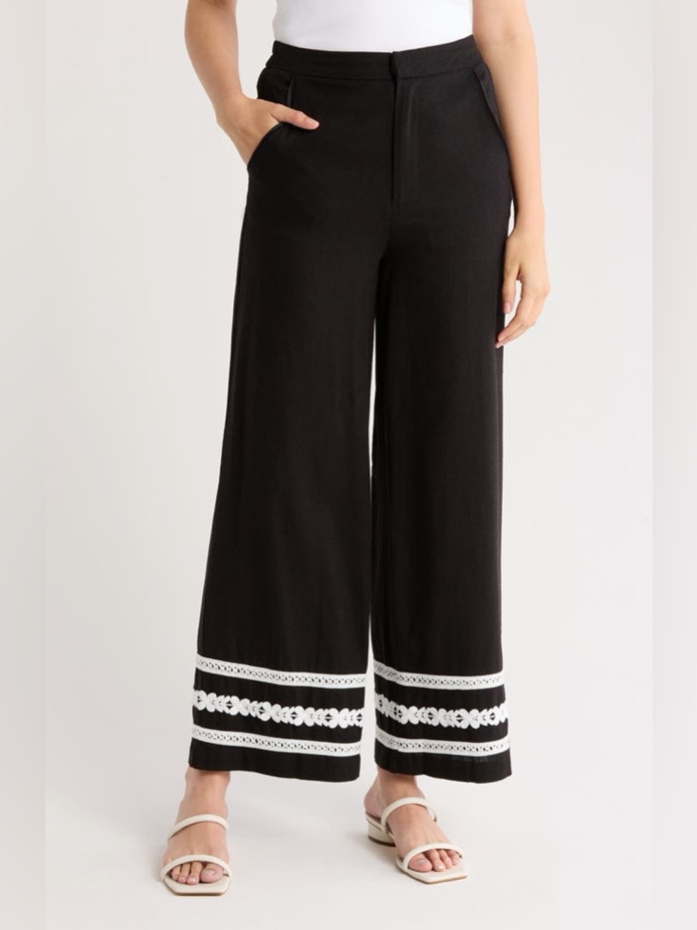 Black Wide-Leg Pants with White Hem Detail Linen Blend